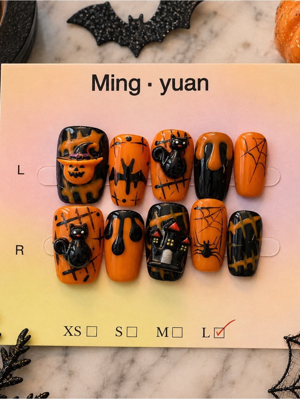 🎃 Orange & Black Halloween 3D Press-On Nails 💅🏽